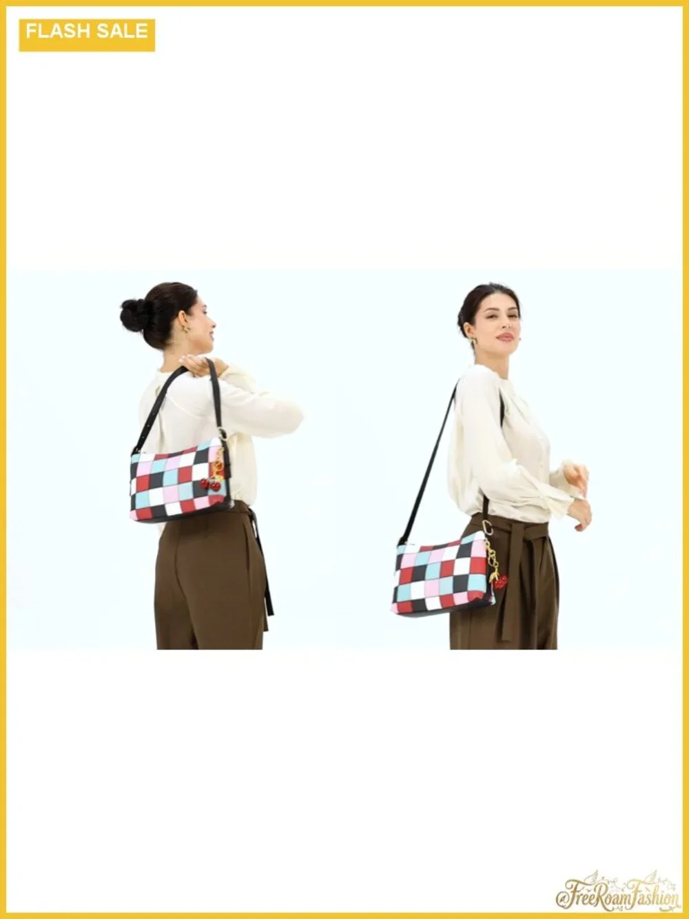 PU Leather Checkered Hobo Bag Vegan Leather Crossbody Purse with Cherry Charm